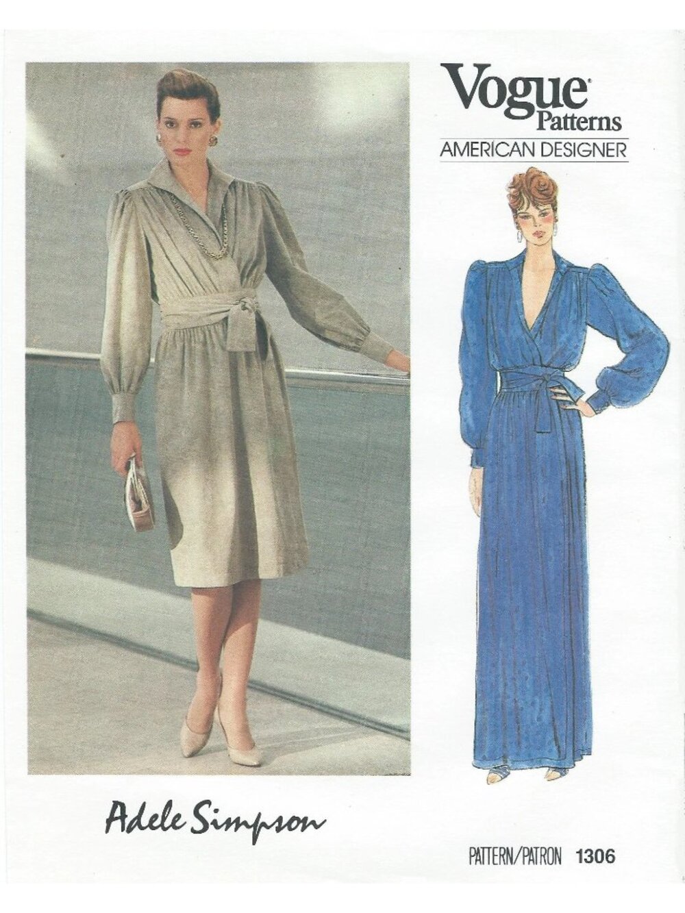 1980s Vogue 1306 Adele Simpson Size 14 B36 Wrap Dress Pattern Two Lengths CC